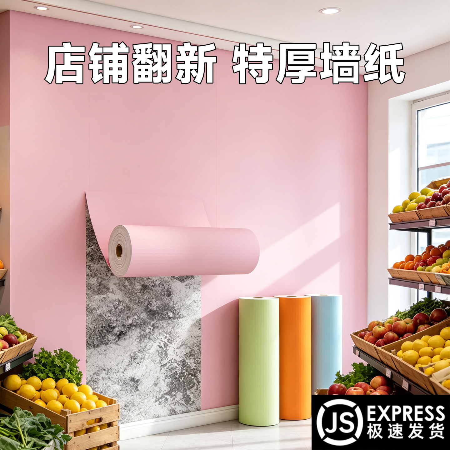 水果店自粘墙面遮丑壁纸防水可擦洗粉色墙纸商用餐饮加厚pvc墙贴