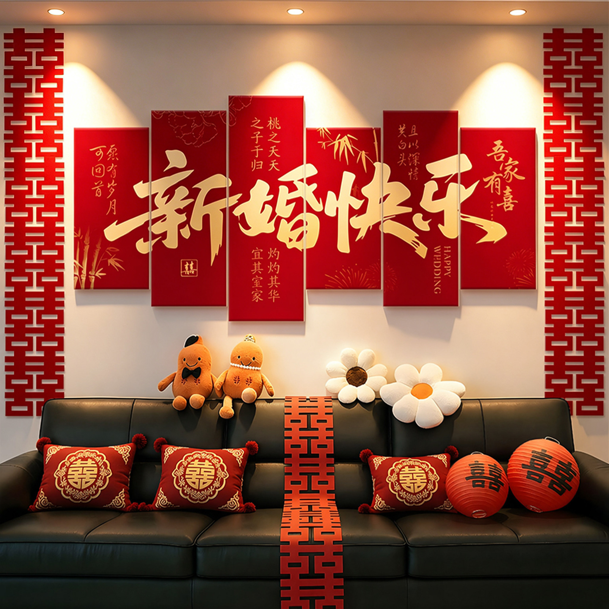 婚房布置背景墙拉花装饰KT新娘客厅拍照大全结婚喜字晨袍套装大全