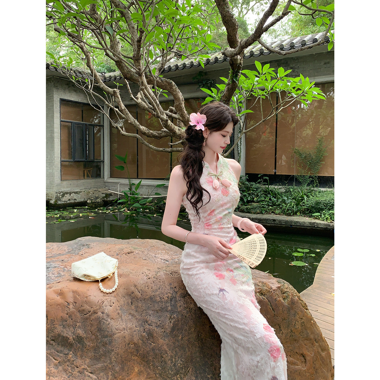 新中式郁金香印花收腰旗袍长裙图片