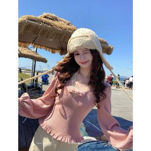 一生罗曼【蜜桃初晴】法式复古蕾丝蝴蝶结毛衣女秋冬收腰长袖T恤
