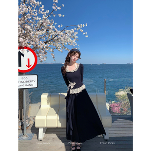 一生罗曼【沧海与蝶】法式立体蝴蝶拼接蕾丝连衣裙女秋冬修身裙子