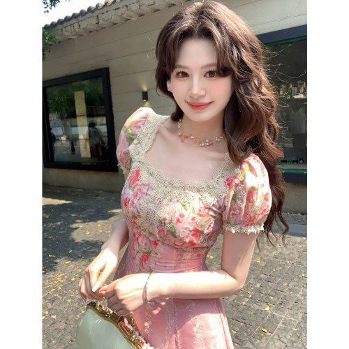 一生罗曼法式方领短袖连衣裙