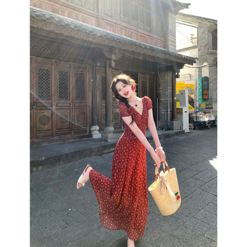 法式复古V领碎花连衣裙女