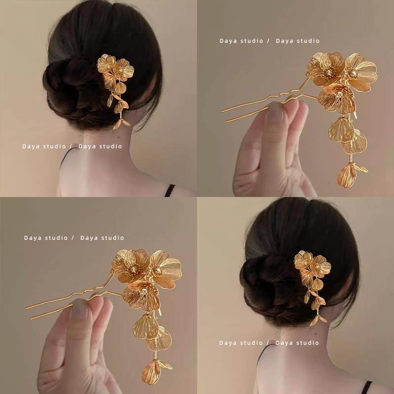 新中式金色花朵流苏发簪高级感u型盘发簪子超仙古风旗袍发钗头饰