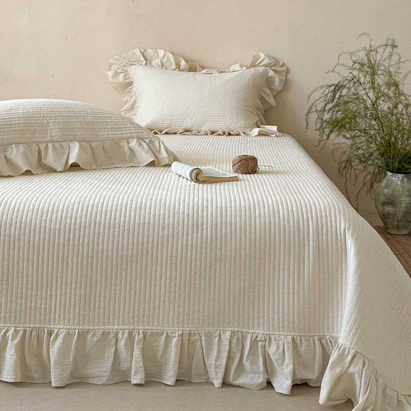 提花棉麻夹棉床盖三件套加厚亚麻