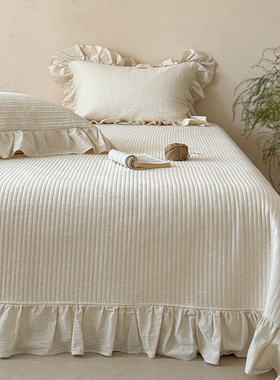 提花棉麻夹棉床盖三件套加厚亚麻床单榻榻米炕盖花边被套四件套