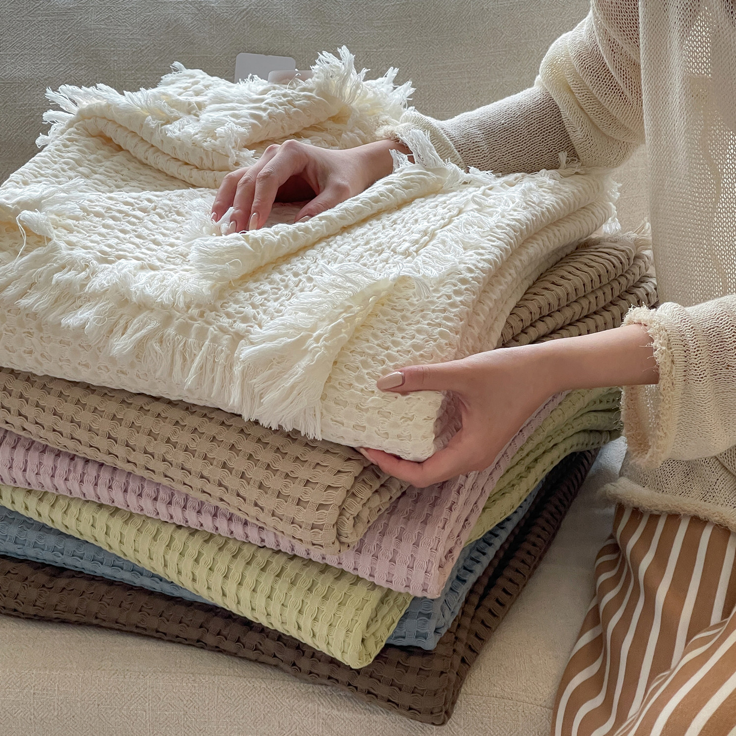 华夫格流苏边毛毯全棉保暖沙发休闲毯纯棉午睡盖毯简约四季通用,床上用品,休闲毯/毛毯/绒毯,淘宝优惠券,粉丝福利购,淘宝优惠卷