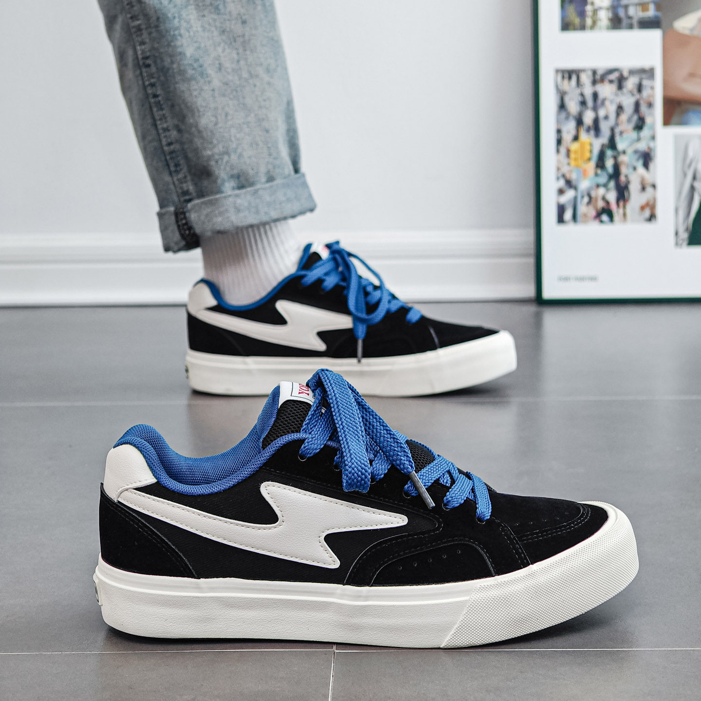 个性拼色帆布鞋男闪电标厚底板鞋百搭休闲运动滑板鞋 ins 潮鞋,流行男鞋,休闲板鞋,淘宝优惠券,粉丝福利购,淘宝优惠卷