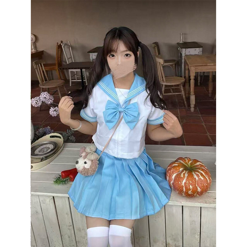 2026新款JK制服学院风穿搭萝莉可爱短袖水手服浅蓝浅粉彩虹战队