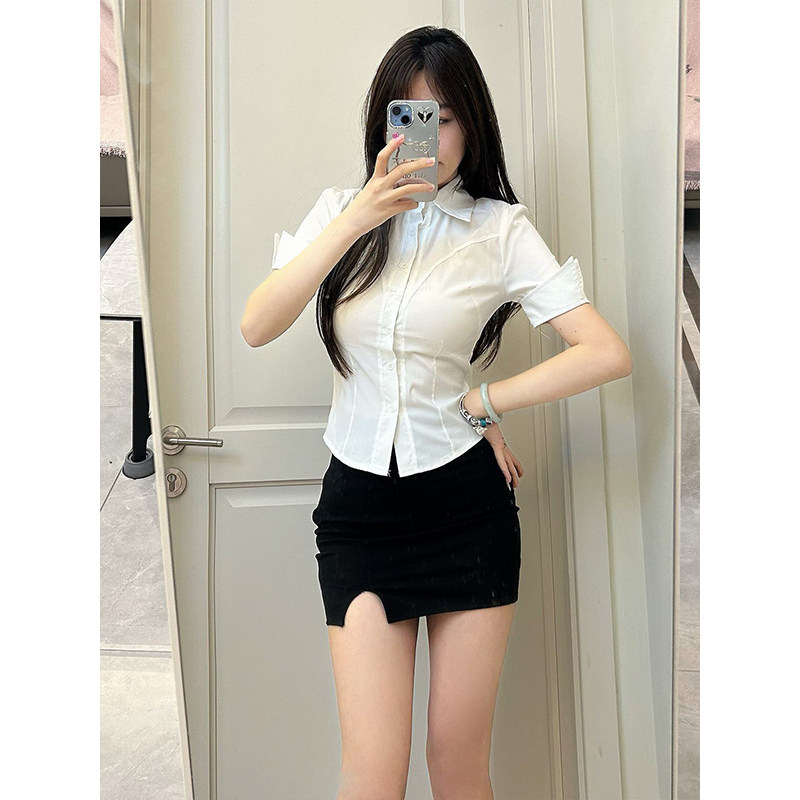 辣妹白色两件套衬衫短袖修身性感显瘦职业收腰套装夏季制服工作服