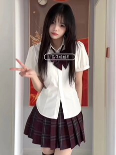 jk制服套装女学生绑带收腰衬衫上衣女短袖学院风泡泡袖衬衣百褶裙