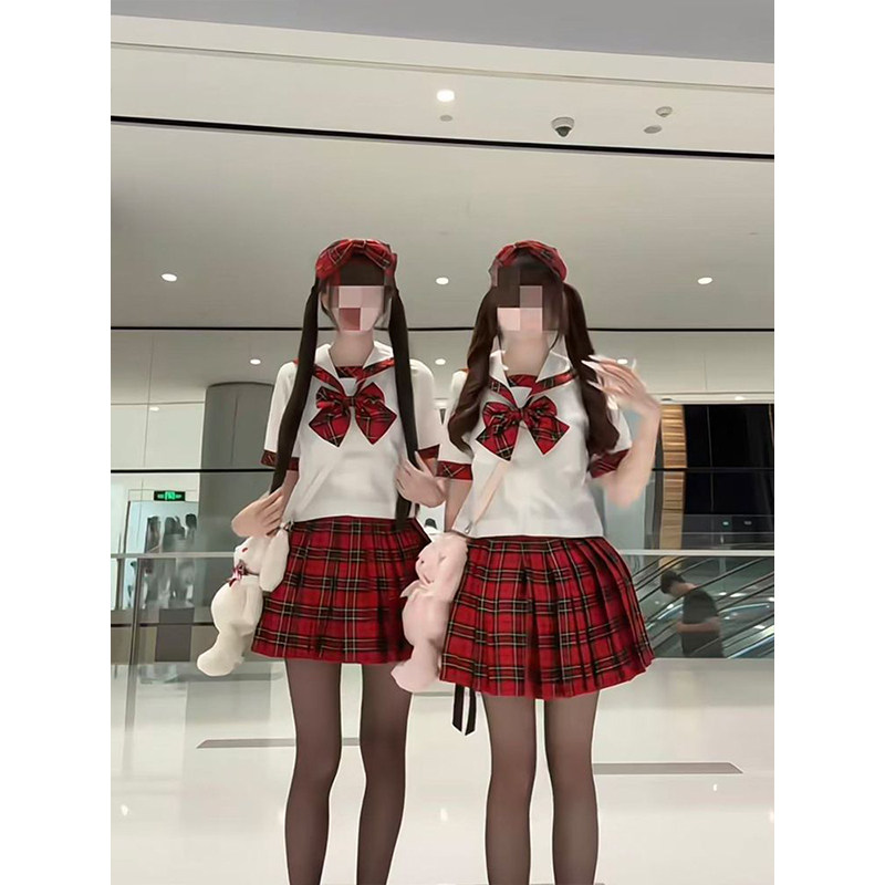 校供感bodyline苏格兰水手服红格子百褶裙甜美学院风日系jk套装图片