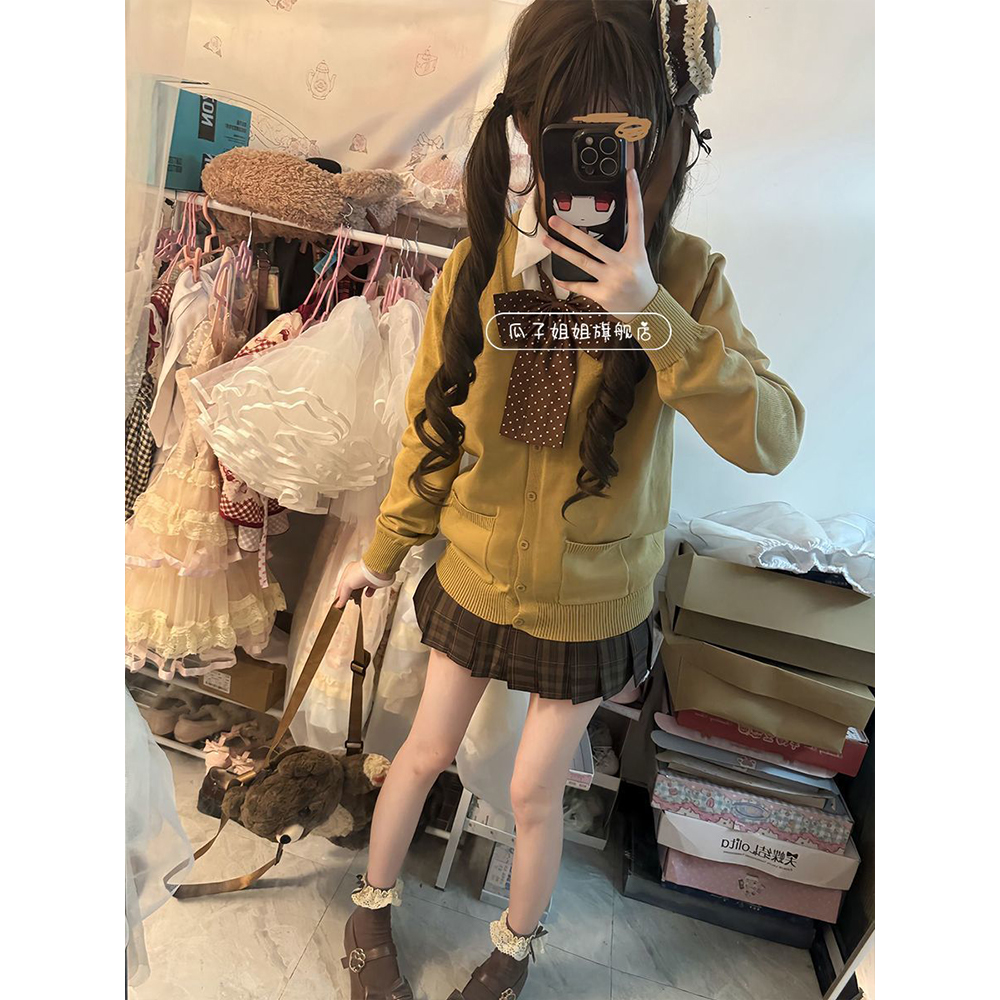 JK制服原创针织衫秋冬爆款格裙长袖针织开衫毛衣套装女学院粉短裙