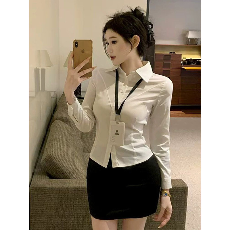 纯欲收腰通勤职业白衬衫女秋冬气质秘书穿搭前台工作服OL制服套装