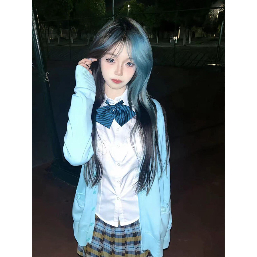 学院风穿搭V领针织衫外套毛衣2024春秋款甜美湖���开衫校园风套装