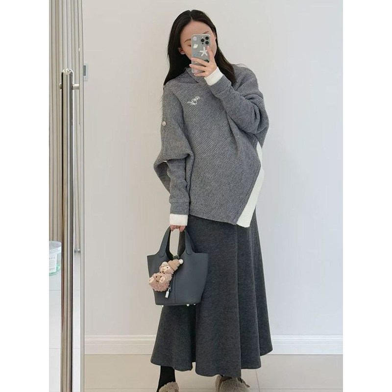 高级感原创时尚气质不规则斗篷灰色毛衣女毛呢半身裙慵懒韩系套装,女装/女士精品,时尚套装,淘宝优惠券,粉丝福利购,淘宝优惠卷