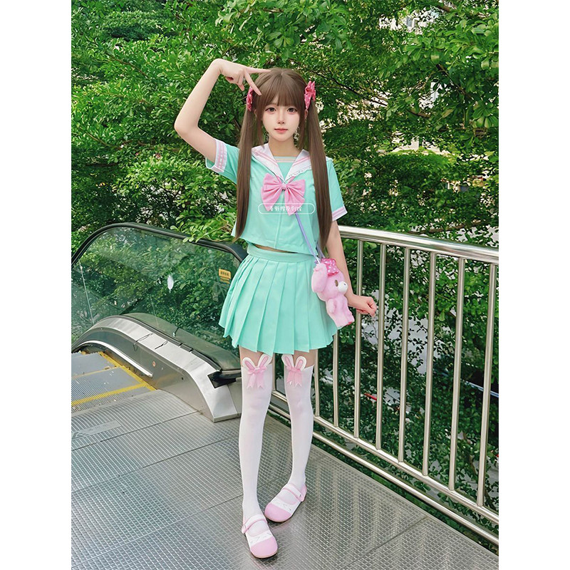夏日清新薄荷jk制服日系新品苔绿二本水手服校供百褶裙甜妹套装女
