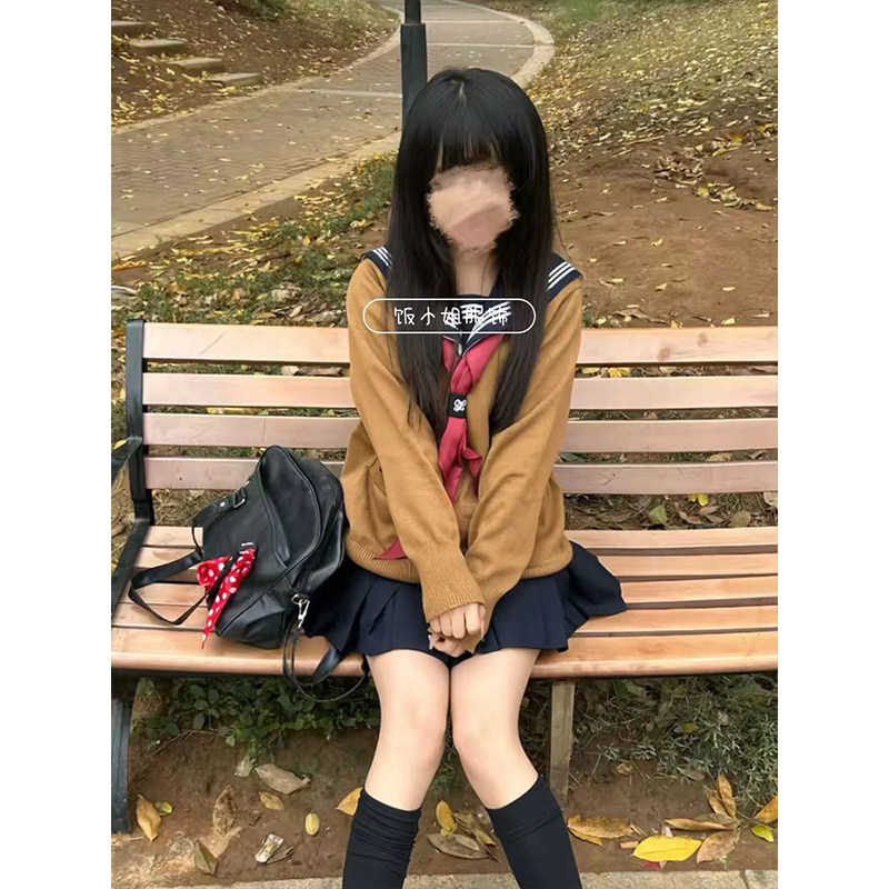Jk制服针织衫棕色开衫学院风穿搭绀领水手服中间服春秋款原创套装