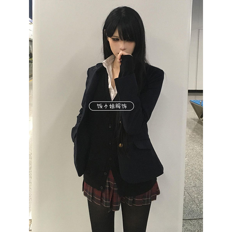 JK制服绀色西装外套校供感叠穿针织衫开衫jk格裙原创学院风一整套