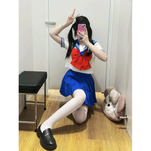 夏季 新款 蓝色粉色JK短裙水手服美少女战士衬衫 多巴胺原创一整套装