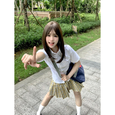 JK制服2024夏季新款短袖小岛衬衫原创小杏中百褶裙学院风显瘦穿搭