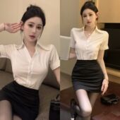 工作服OL制服 女夏短袖 显瘦白色纯欲衬衫 衬衣职业套装 性感V领修身