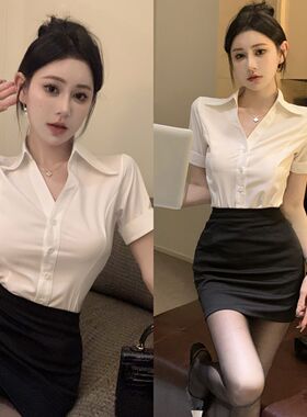 性感V领修身显瘦白色纯欲衬衫女夏短袖衬衣职业套装工作服OL制服