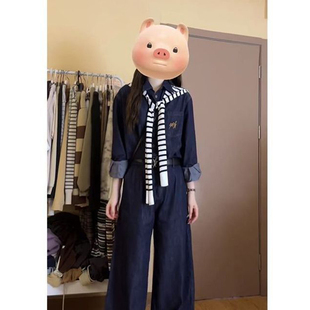 2025秋季新款法式老钱风牛仔衬衫外套上衣女搭配休闲阔腿裤两件套