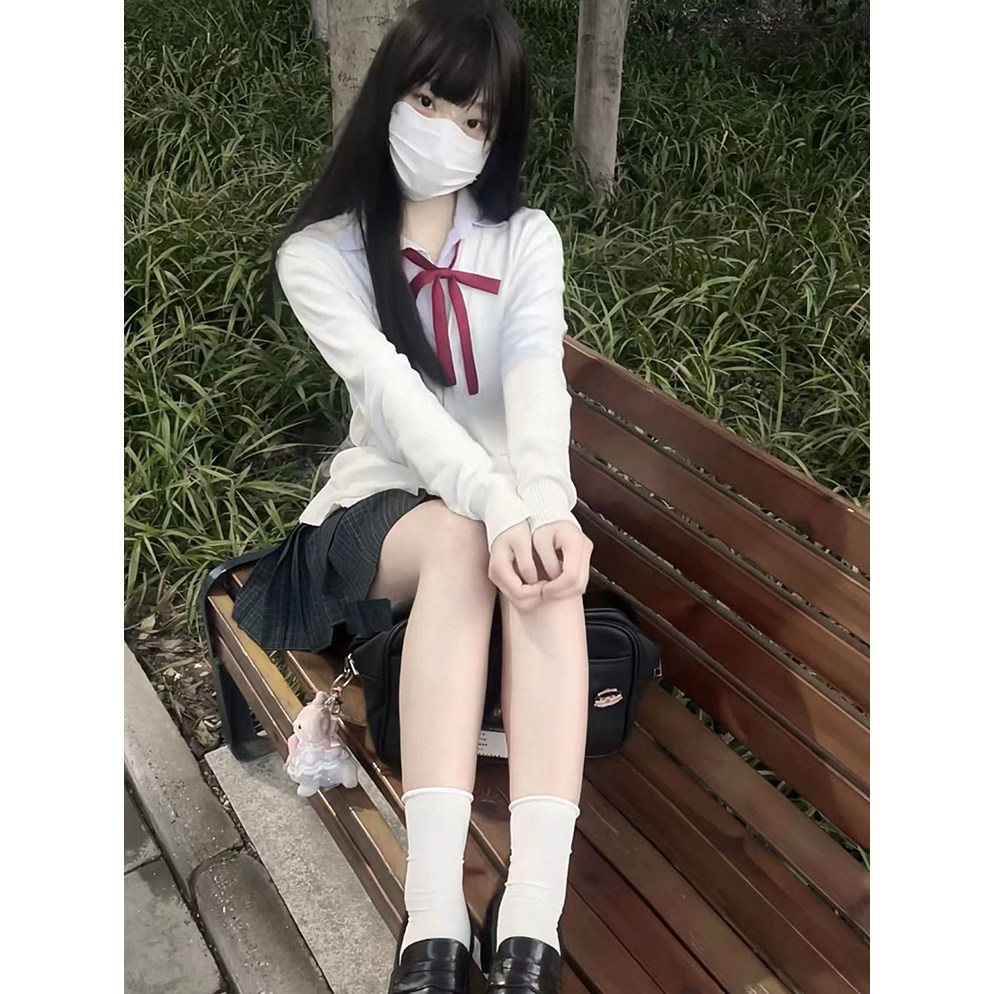 原创JK制服白色针织衫开衫外套春秋新款学院风穿搭校供感长袖上衣