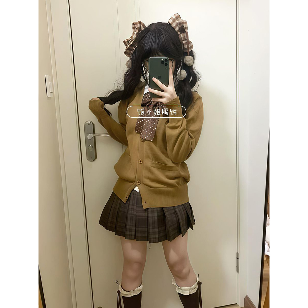 学院风日系JK制服秋冬针织开衫毛衣校供感叠穿衬衫小棕格裙套装
