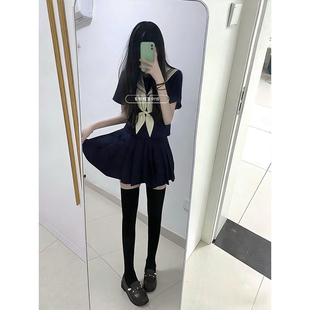 jk制服中间服基础款米黄领长袖短袖衬衫上衣水手服绀色JK短裙一套