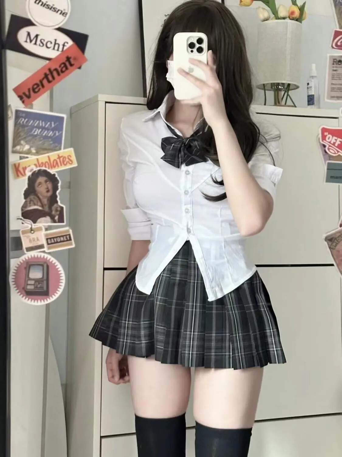 美式学院风jk制服衬衫女秋季纯欲显瘦修身收腰长袖上衣百褶裙套装