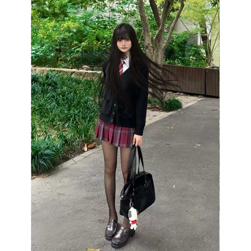 套装秋冬薄款开衫毛衣学院风穿搭叠穿V领针织衫基础款百搭短格裙