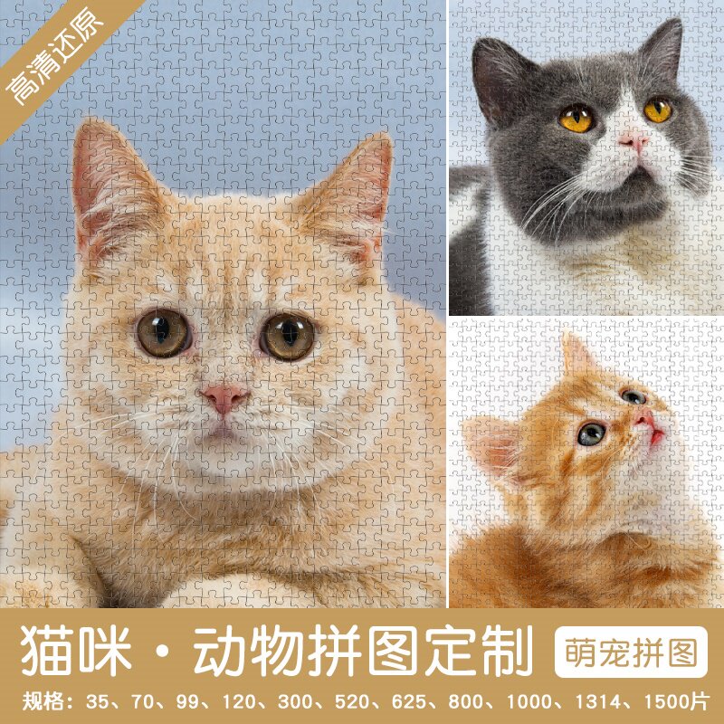猫咪拼图定制1000片cat图案平面diy宠物猫猫相片礼物蓝猫300橘猫5