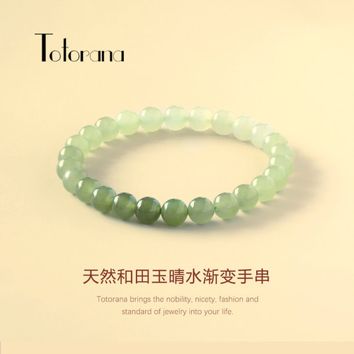 天然和田玉手串冰底晴水渐变水绿