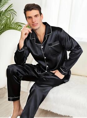 Men Pajamas Set Silk Satin Sleepwear For Man Shirt Long Slee