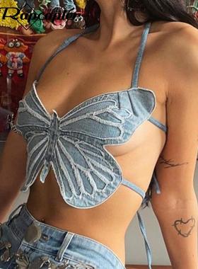 Rapcopter y2k Butterfly Jeans Crop Top Backless Strap Camis