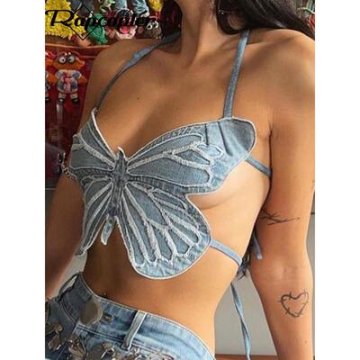 Rapcopter y2k Butterfly Jeans Crop Top Backless Strap Camis
