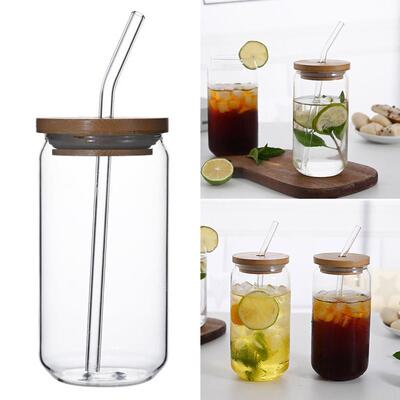 470ml/550ml Glass Cup with Bamboo Lid and Straw Bubble Tea C