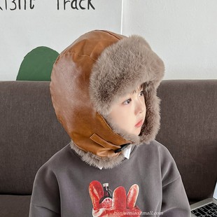 冬季儿童帽子加绒加厚防风保暖男童皮质雷锋帽女童骑行防寒护耳帽