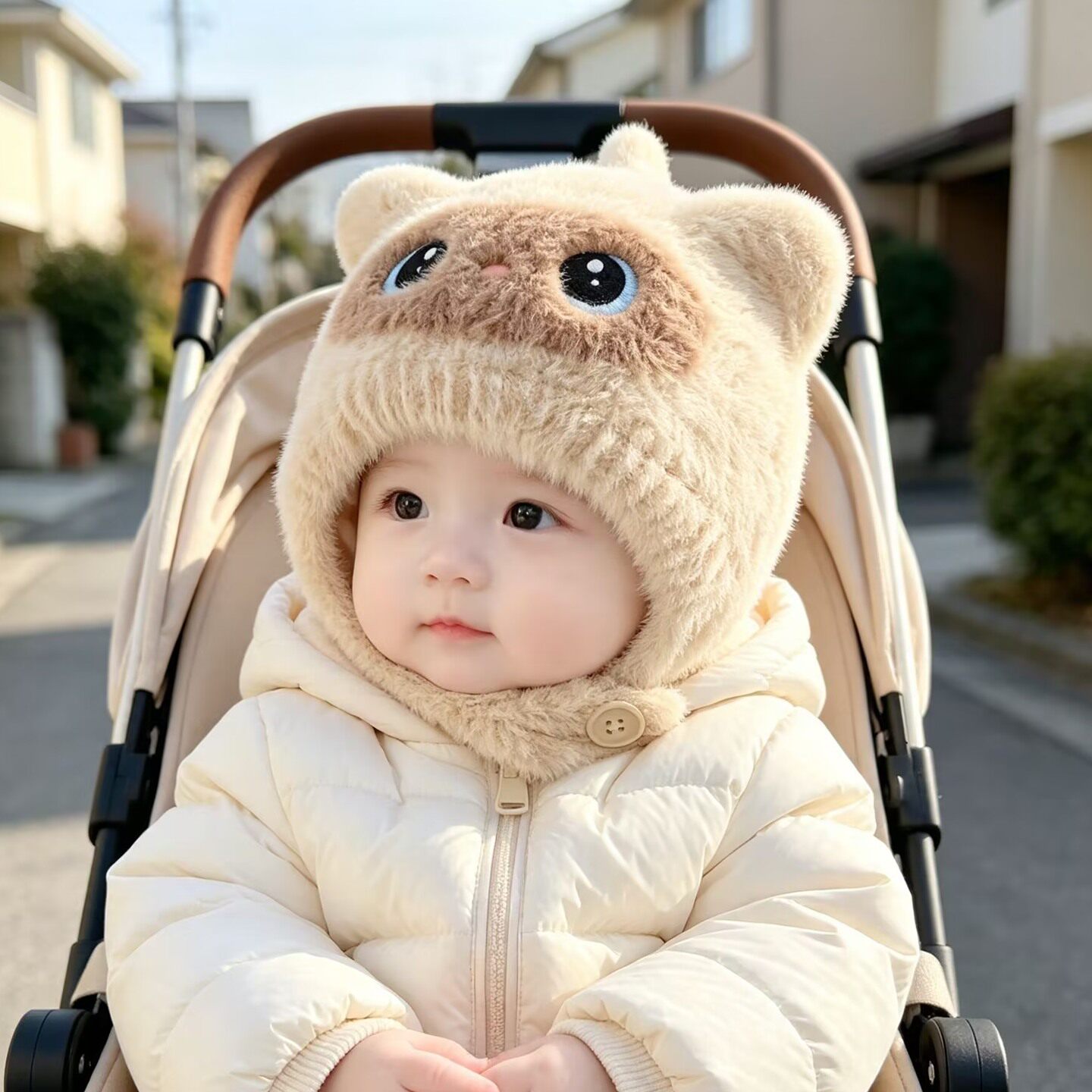 婴幼儿帽子秋冬季可爱护耳卡通男宝宝针织毛绒防风帽女小月龄保暖