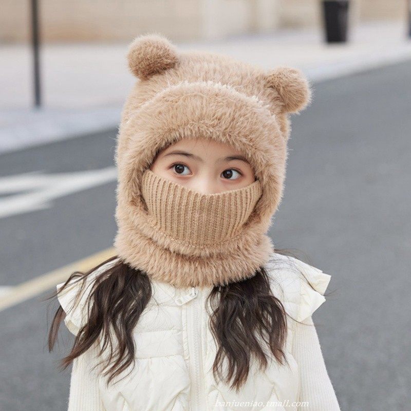 儿童冬季帽子口罩围脖一体帽男女童针织套头帽防风加厚宝宝护耳帽