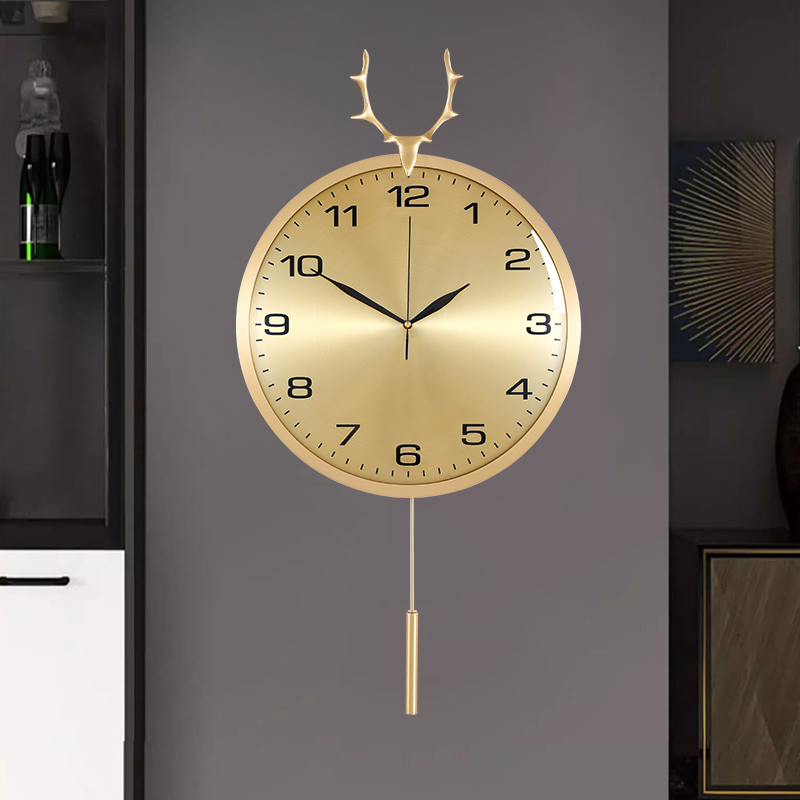 北欧黄铜挂钟客厅鹿头钟表个性创意挂墙时钟家用大气现代简约挂表