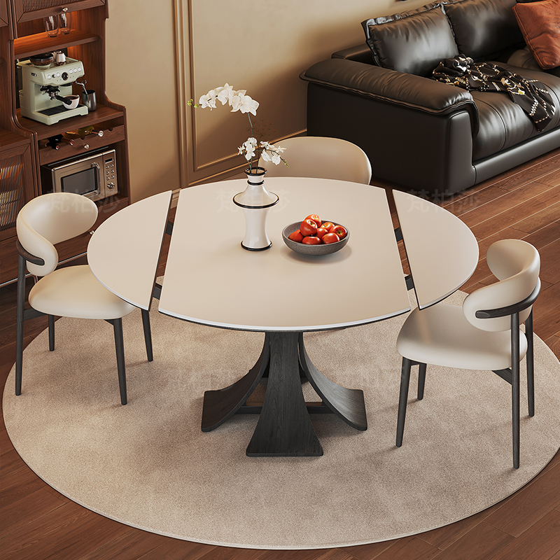 法式复古风圆形实木餐桌椅黑色岩板餐桌可伸缩现代简约家用小户型
