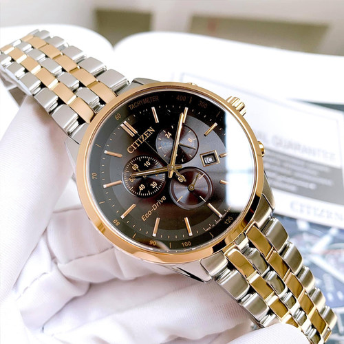 Citizen/西铁城光动能不锈钢间玫瑰金色表带多功能男表AT2144-54E