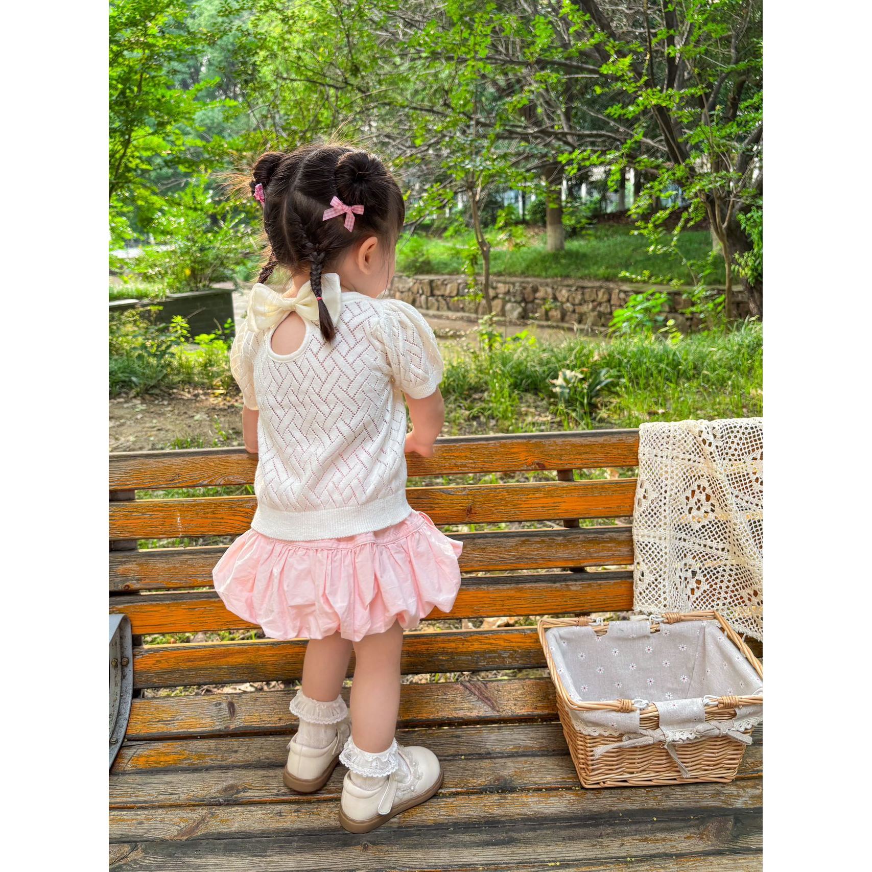 2025夏季新款女童短袖超薄针织衫蝴蝶结镂空冰丝泡泡袖上衣女宝宝