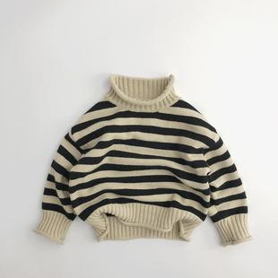 儿童秋冬毛衣复古针织衫 24新款 套头男女宝洋气潮 bi入韩版 ins条纹