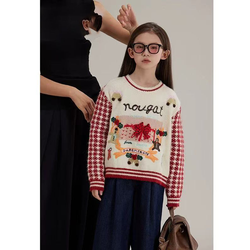 童装女童千鸟格提花刺绣圣诞节毛衣秋冬儿童宝宝针织衫