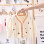 春秋2025新款 女宝宝小花上衣外套 儿童荷叶边毛衣女童樱桃开衫