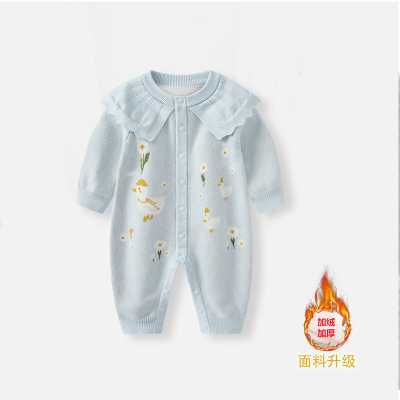 婴儿连体衣秋装衣服2025新款女宝宝满月百天针织哈衣春秋外出爬服